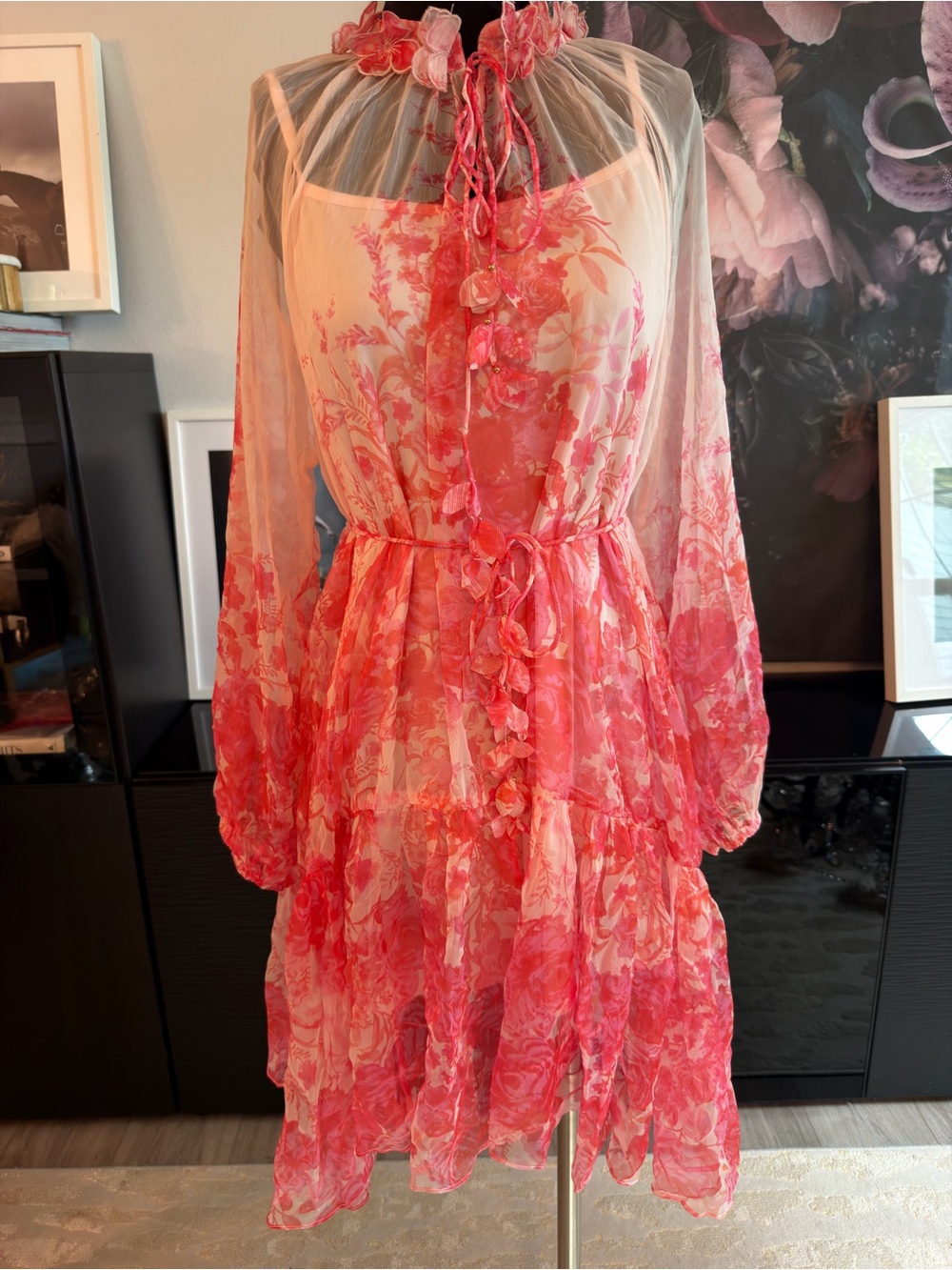 Pink Floral Long-Sleeve Sheer Tiered Dress with Tie Neck